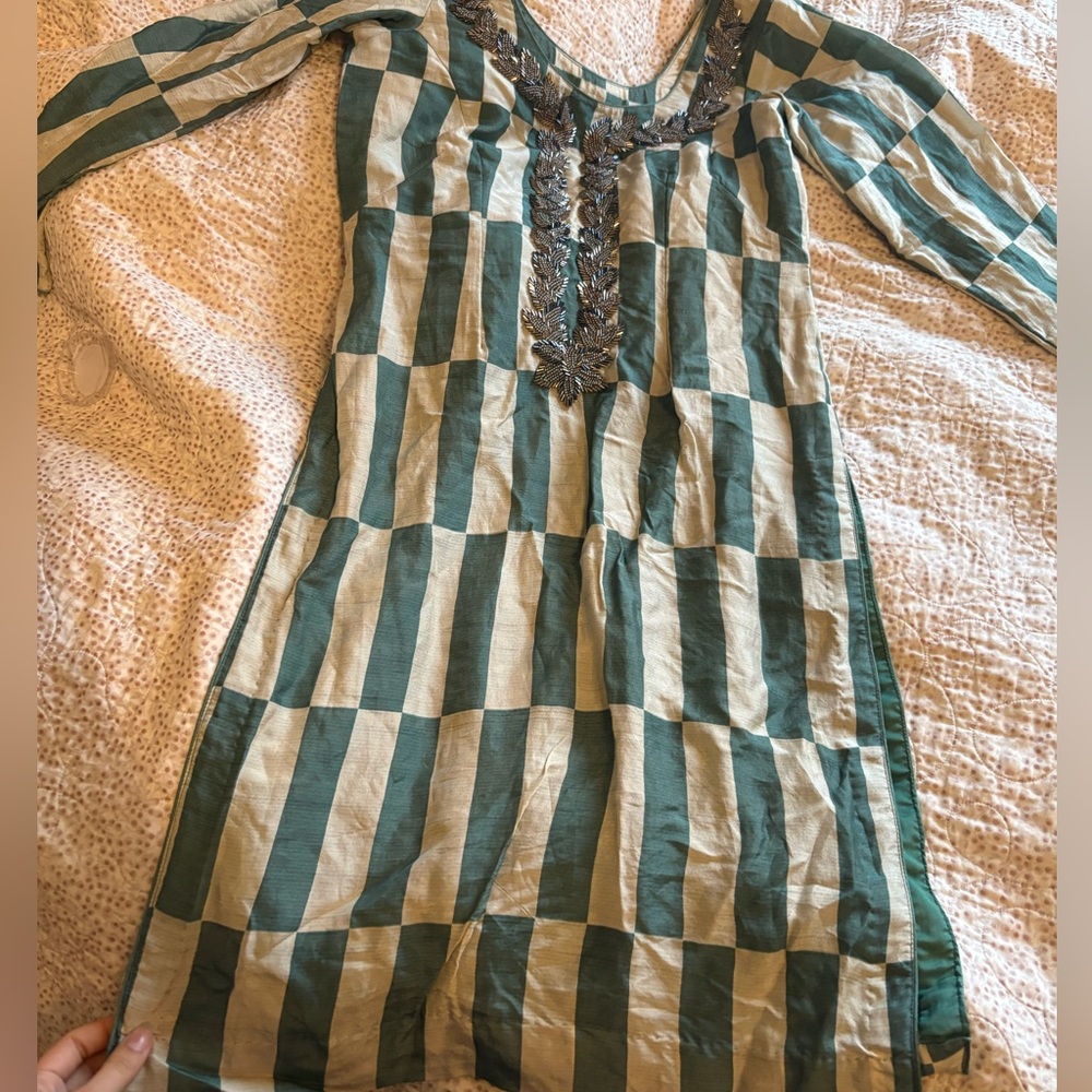 VINTAGE Beaded Green and Cream Checkered Dress